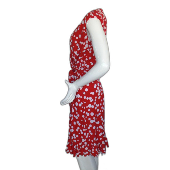 GLAMOUR Dress, 8, Red, White Ditzy Polka dots, Sleeveless, Sash belt, VINTAGE - Picture 10 of 13